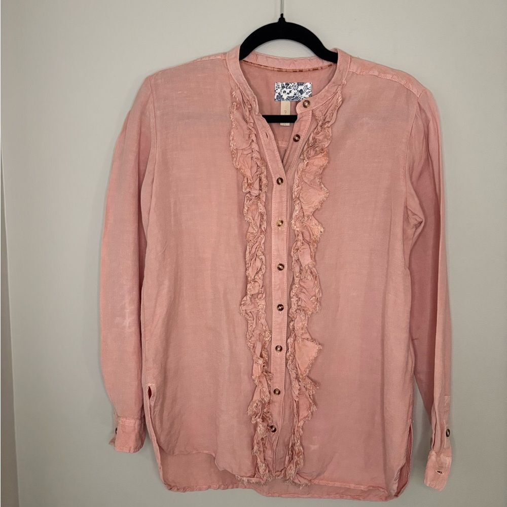 Pilcro Anthropologie Pink Linen Ruffle Button Blouse XXS Boho